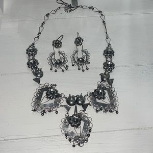 Frida Kahlo style Taxco 925 silver necklace with earrings